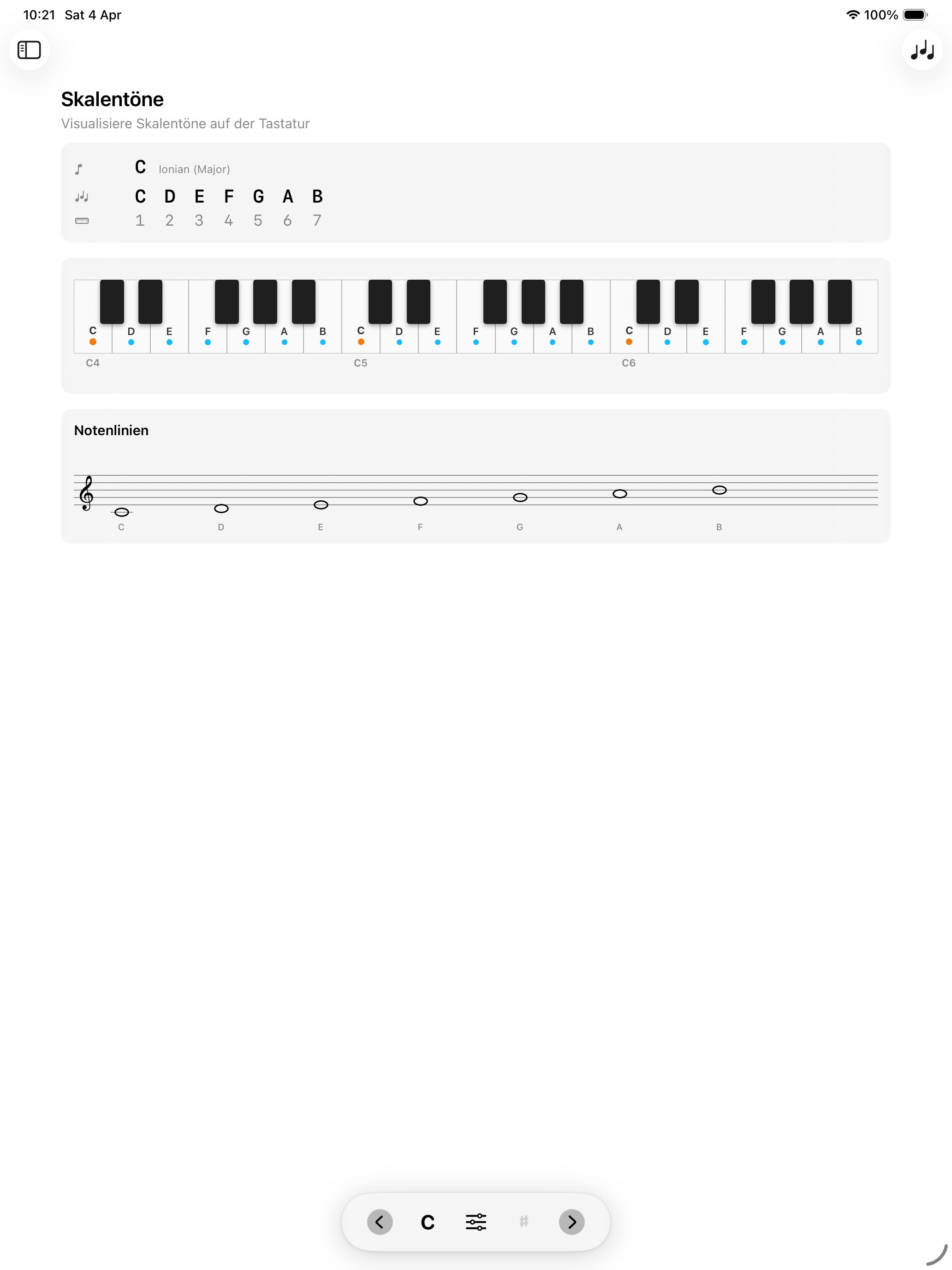 Töne-in-der-Tonart-Bildschirm auf iPad